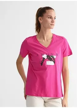 Женская футболка цвета фуксии с V-образным вырезом и принтом Fabrika