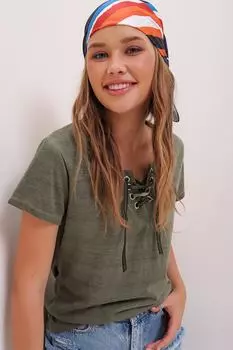 Женская футболка цвета хаки с кружевным воротником и воротником «птичий глаз» MDA-1127-RW Trend Alaat Stili