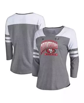 Женская футболка цвета Хизер Грей Сан-Франциско 49ers 2023 NFC Champions Hail Mary Tri-Blend с рукавами 3/4 и v-образным вырезом Fanatics, серый
