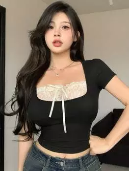 Женская футболка DAZY, колор-блок, короткий рукав, черный цвет