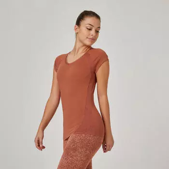 Женская футболка для фитнеса из эластичного хлопка с короткими рукавами и v-образным вырезом 900 - сепия Domyos