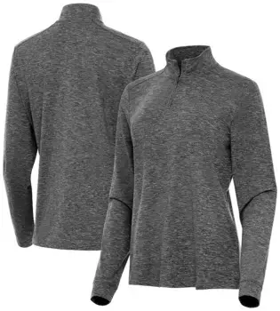 Женская футболка для гольфа Antigua Mentor с длинным рукавом, молния 1/4, цвет Black Heather