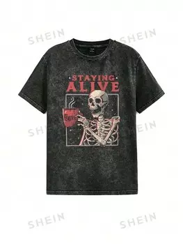 Женская футболка Eduely с коротким рукавом Узор в виде черепа и букв, круглый вырез, удобный в носке, черный, летний, 100% хлопок Shein, черный