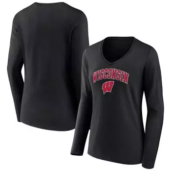 Женская футболка Fanatics Black Wisconsin Badgers Evergreen Campus с длинными рукавами и v-образным вырезом Fanatics