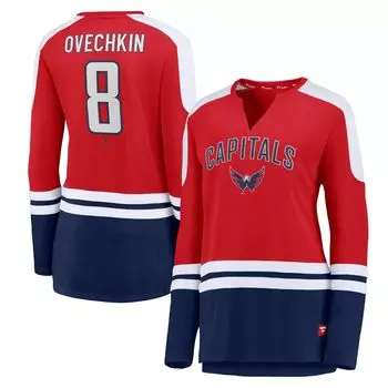 Женская футболка Fanatics Branded Alexander Ovechkin Красная/темно-синяя футболка Washington Capitals Power Player с длинными рукавами и вырезом в горловине Fanatics