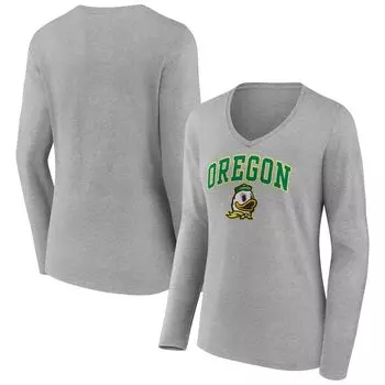 Женская футболка Fanatics с длинными рукавами и v-образным вырезом с логотипом Heather Grey Oregon Ducks Evergreen Campus Fanatics