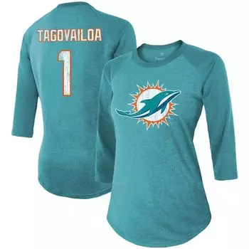 Женская футболка Fanatics с фирменным логотипом Tua Tagovailoa Aqua Miami Dolphins, имя и номер игрока, футболка реглан с рукавами 3/4, трехцветная ткань