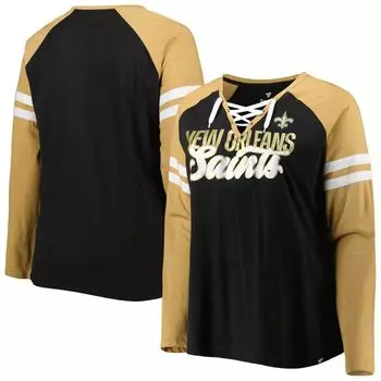 Женская футболка Fanatics с логотипом черного цвета/Vegas Gold New Orleans Saints размера плюс, верная форма, на шнуровке, с v-образным вырезом, реглан, с длинными рукавами Fanatics