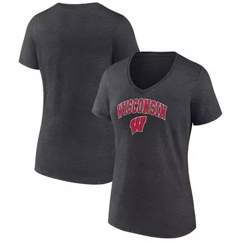Женская футболка Fanatics с логотипом Heather Charcoal Wisconsin Badgers Evergreen Campus с v-образным вырезом, цвет Wis Charco