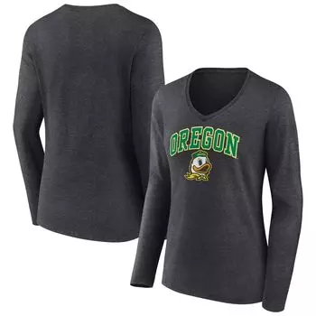 Женская футболка Fanatics с логотипом Heather Charcoal Oregon Ducks Evergreen Campus и длинным рукавом с v-образным вырезом Fanatics