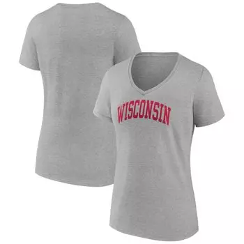 Женская футболка Fanatics с логотипом Heather Grey Wisconsin Badgers Basic Arch с v-образным вырезом Fanatics
