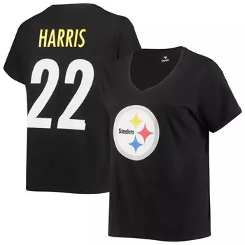 Женская футболка Fanatics с логотипом Najee Harris Black Pittsburgh Steelers размера плюс, имя и номер игрока, футболка с v-образным вырезом Fanatics