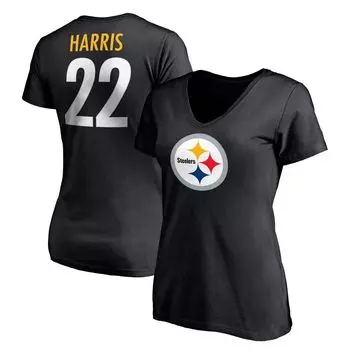 Женская футболка Fanatics с логотипом Najee Harris, черная футболка со значком игрока Pittsburgh Steelers, имя и номер, с v-образным вырезом Fanatics