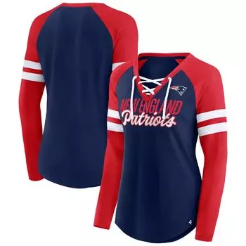 Женская футболка Fanatics с логотипом темно-синего/красного цвета New England Patriots размера плюс, правильная форма, на шнуровке, с v-образным вырезом, реглан с длинными рукавами Fanatics