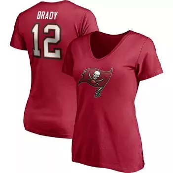 Женская футболка Fanatics с логотипом Tom Brady Red Tampa Bay Buccaneers со значком игрока, имя и номер, футболка с v-образным вырезом Fanatics