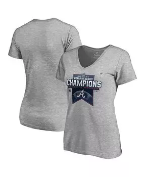 Женская футболка Heather Grey Atlanta Braves 2021 World Series Champions Раздевалка большого размера с v-образным вырезом Fanatics