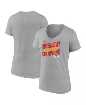 Женская футболка Heather Grey Kansas City Chiefs Super Bowl LVIII Champions Iconic Victory с v-образным вырезом Fanatics, серый