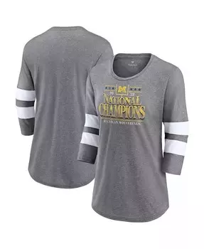 Женская футболка Heather Grey Michigan Wolverines College Football Playoff 2023 National Champions за выдающиеся достижения в стиле ретро, футболка из трех смесей с рукавами 3/4 Fanatics, серый