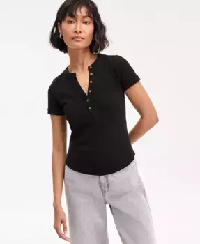 Женская футболка-хенли с рубчатым трикотажем и отворотом на манжетах On 34th, черный