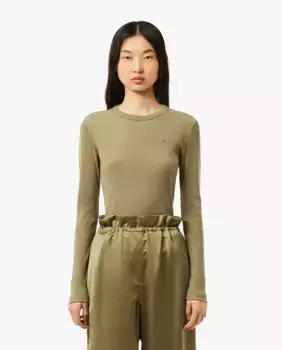 Женская футболка из хлопка с длинным рукавом в рубчик Lacoste, темно-зеленый