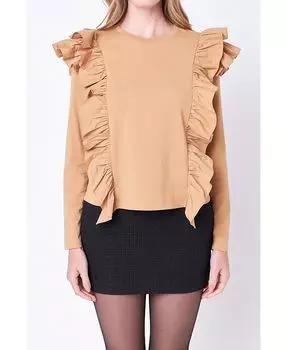 Женская футболка из поплина с рюшами English Factory, тан/бежевый