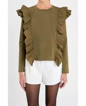 Женская футболка из поплина с рюшами English Factory, зеленый