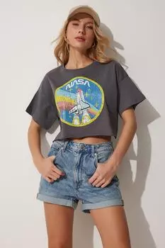 Женская футболка из укороченного хлопка с принтом антрацитового цвета Happiness stanbul, серый