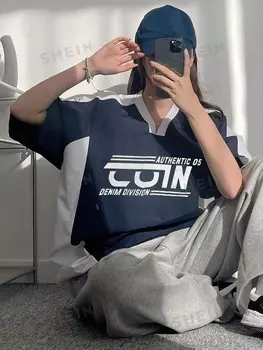 Женская футболка, колор блок, узор, буквы Dazy, темно-синий