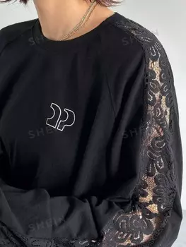 Женская футболка, круглый вырез, черная, украшенная кружевом и вышивкой, длинные рукава Friful, черный