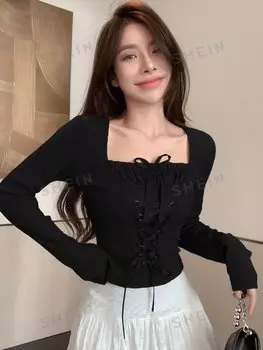 Женская футболка, кулиска на талии, длинные рукава Dazy, черный