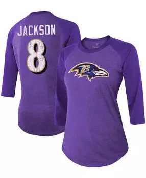 Женская футболка Lamar Jackson Purple Baltimore Ravens Team с именем игрока и номером, футболка Tri-Blend реглан с рукавами 3/4 Fanatics