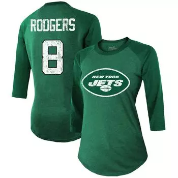 Женская футболка Majestic Threads Aaron Rodgers Green New York Jets с рукавом 3/4 реглан с именем и номером игрока Majestic