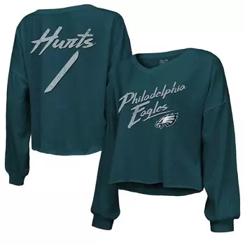 Женская футболка Majestic Threads Jalen Hurts Midnight Green Philadelphia Eagles с именем и номером, с открытыми плечами и надписью, укороченная футболка с длинными рукавами и v-образным вырезом, цвет Eag Green