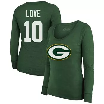 Женская футболка Majestic Threads Jordan Love Green Green Bay Packers с длинными рукавами и круглым вырезом, футболка Tri-Blend с именем и номером, цвет Pkr Green
