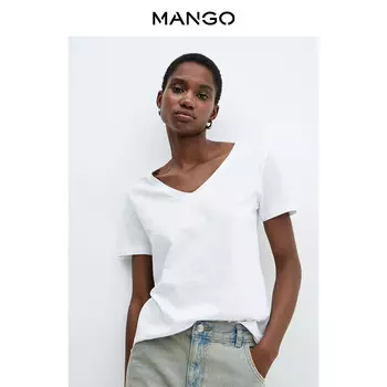 Женская футболка Mango из чистого хлопка с v-образным вырезом, белый