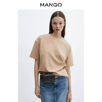 Женская футболка Mango из чистого хлопка с круглым вырезом, светло-бежевый