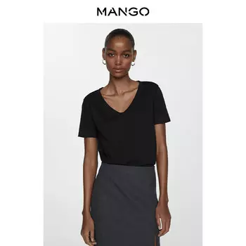 Женская футболка Mango из чистого хлопка с v-образным вырезом, черный