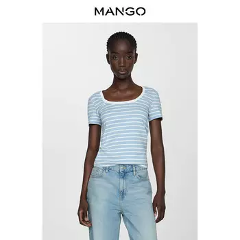 Женская футболка Mango полосатая хлопковая, черный