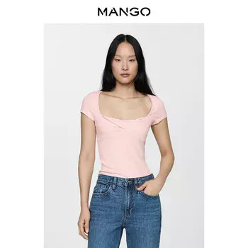 Женская футболка Mango с драпировкой и глубоким вырезом, черный