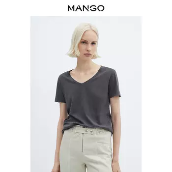 Женская футболка Mango с V-образным вырезом и короткими рукавами, бежевый