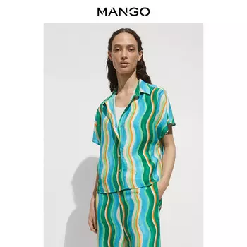 Женская футболка Mango в полоску с принтом и лацканами, зеленый