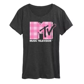 Женская футболка MTV в розовую клетку с принтом Licensed Character, серый