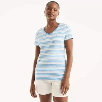 Женская футболка Nautica Sustainably Crafted Striped с V-образным вырезом, лазурно-голубой
