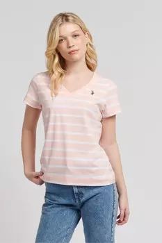Женская футболка обычного кроя из хлопка обычного кроя с v-образным вырезом и полосатым узором обычного U.S. Polo Assn, розовый