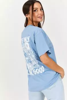 Женская футболка оверсайз ледяного синего цвета с надписью на груди и цветами на спине armonika, синий