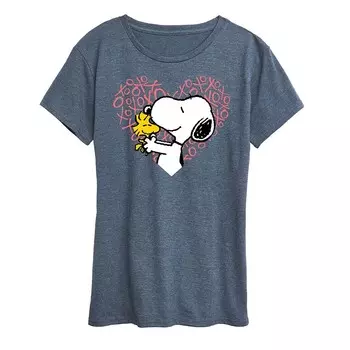 Женская футболка Peanuts Snoopy & Woodstock Heart с рисунком сердца Licensed Character, цвет Heather Blue