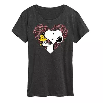 Женская футболка Peanuts Snoopy & Woodstock Heart с рисунком сердца Licensed Character, цвет Heather Charcoal