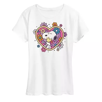 Женская футболка Peanuts Snoopy & Woodstock Hug Heart Flower с рисунком Licensed Character, белый