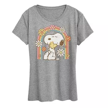 Женская футболка Peanuts Snoopy & Woodstock с радужным рисунком Licensed Character, цвет Heather Gray