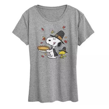 Женская футболка Peanuts Snoopy & Woodstock с рисунком сцены Дня благодарения Licensed Character, цвет Heather Gray